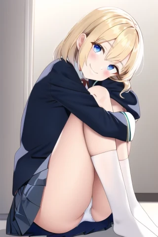 मध्यम बाल, हँसना, पैंट, स्कर्ट, पालथी मारकर बैठना, स्कूल की पोशाक